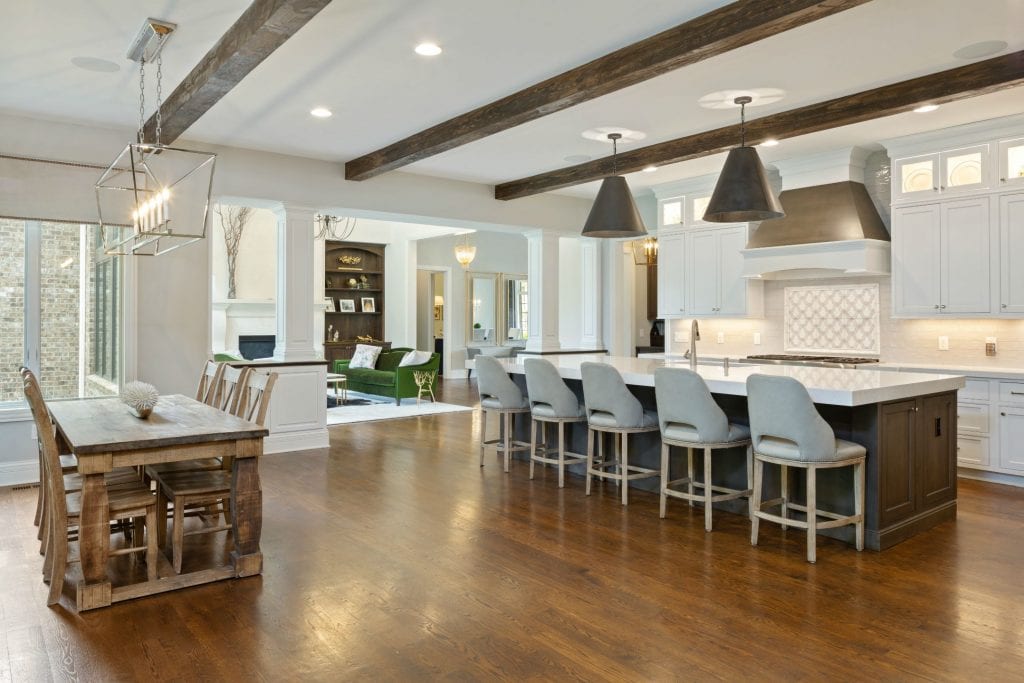 Hensley custom home Cincinnati kitchen with timber beams 