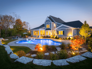 custom home pool at night