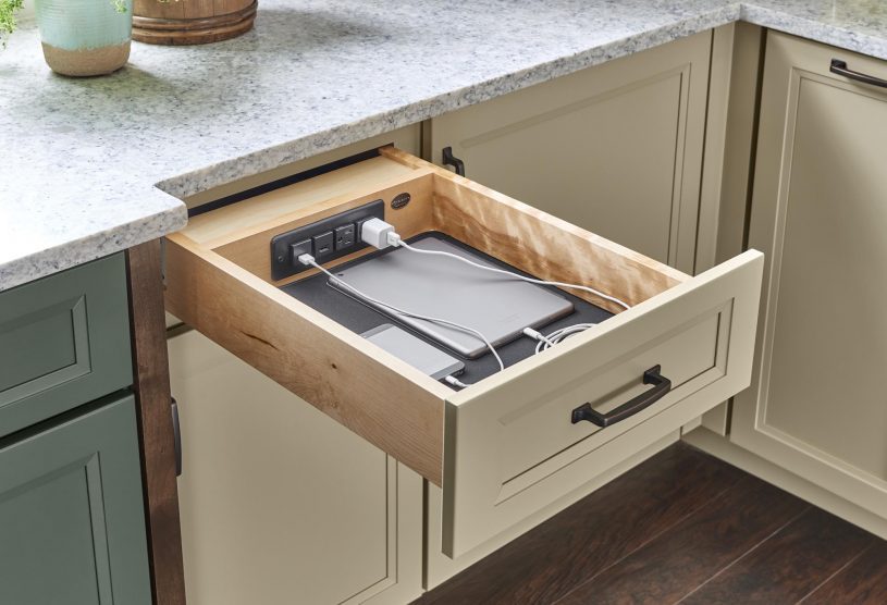 Charging drawer in kitchen cabinet