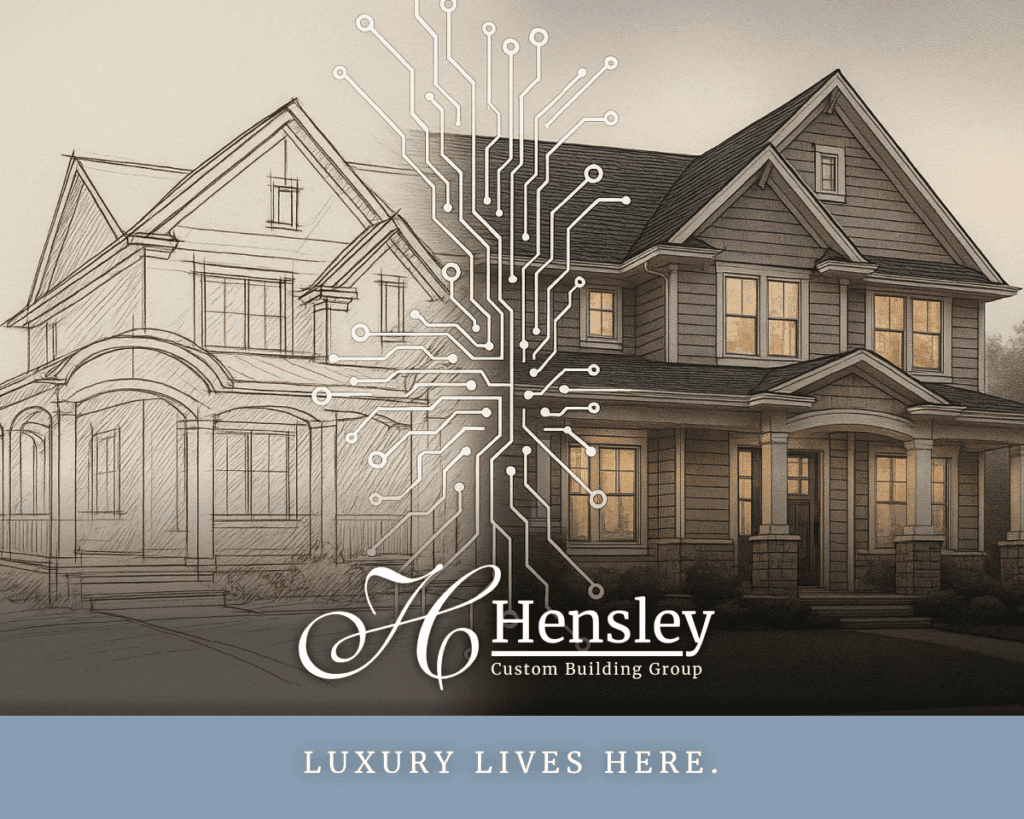 Stylized illustration transitioning from an architectural sketch to a photorealistic rendering of a luxury home, connected by AI circuitry lines.