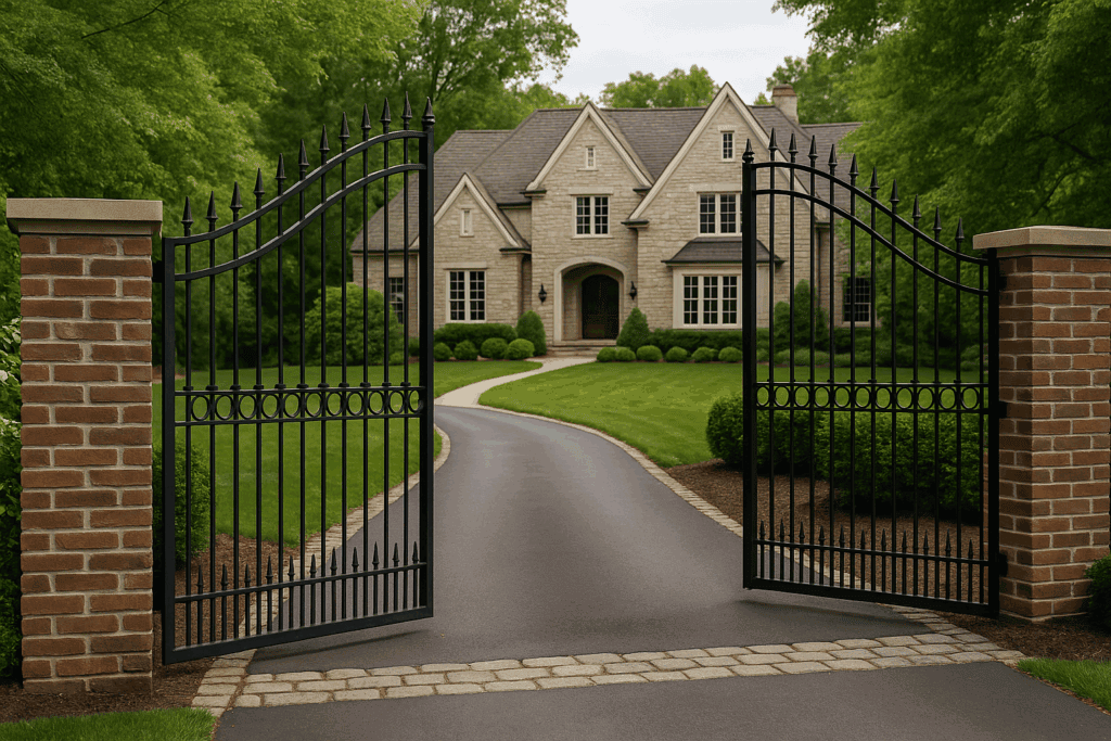 Private gated entrance to a custom luxury home in Indian Hill, Ohio, with a curved driveway, manicured lawn, and surrounding mature trees.