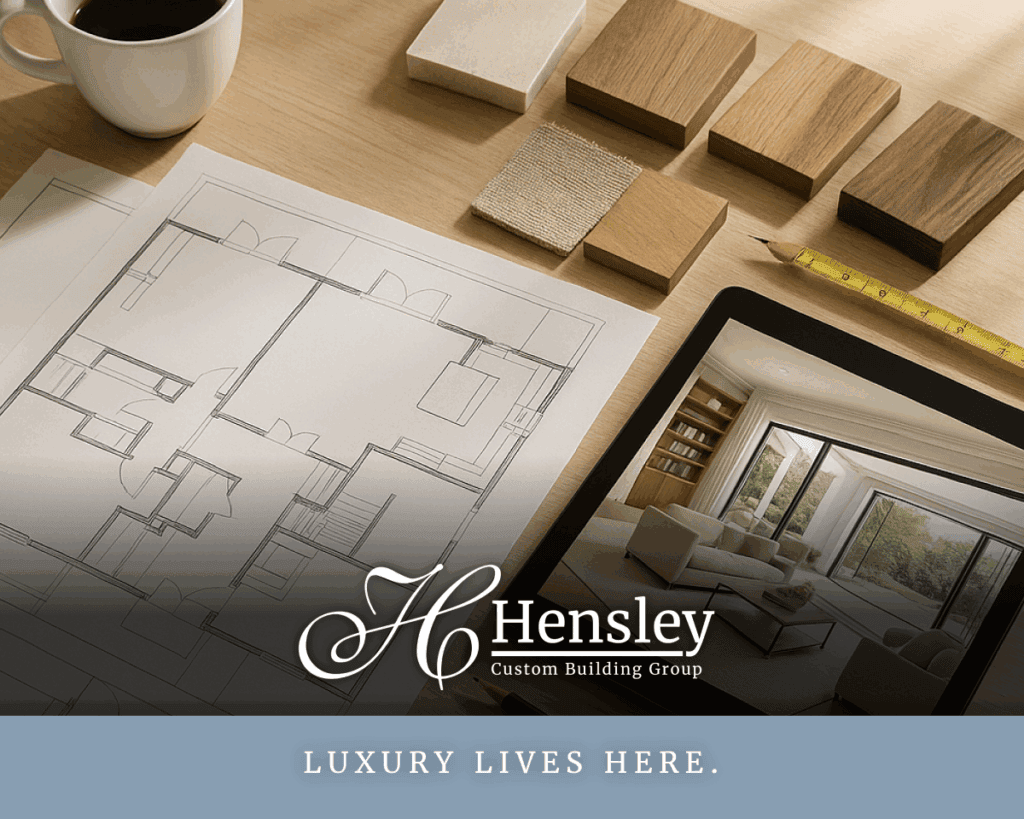 Architect’s desk with overlapping floor plans, tablet 3D rendering, and wood and stone samples.